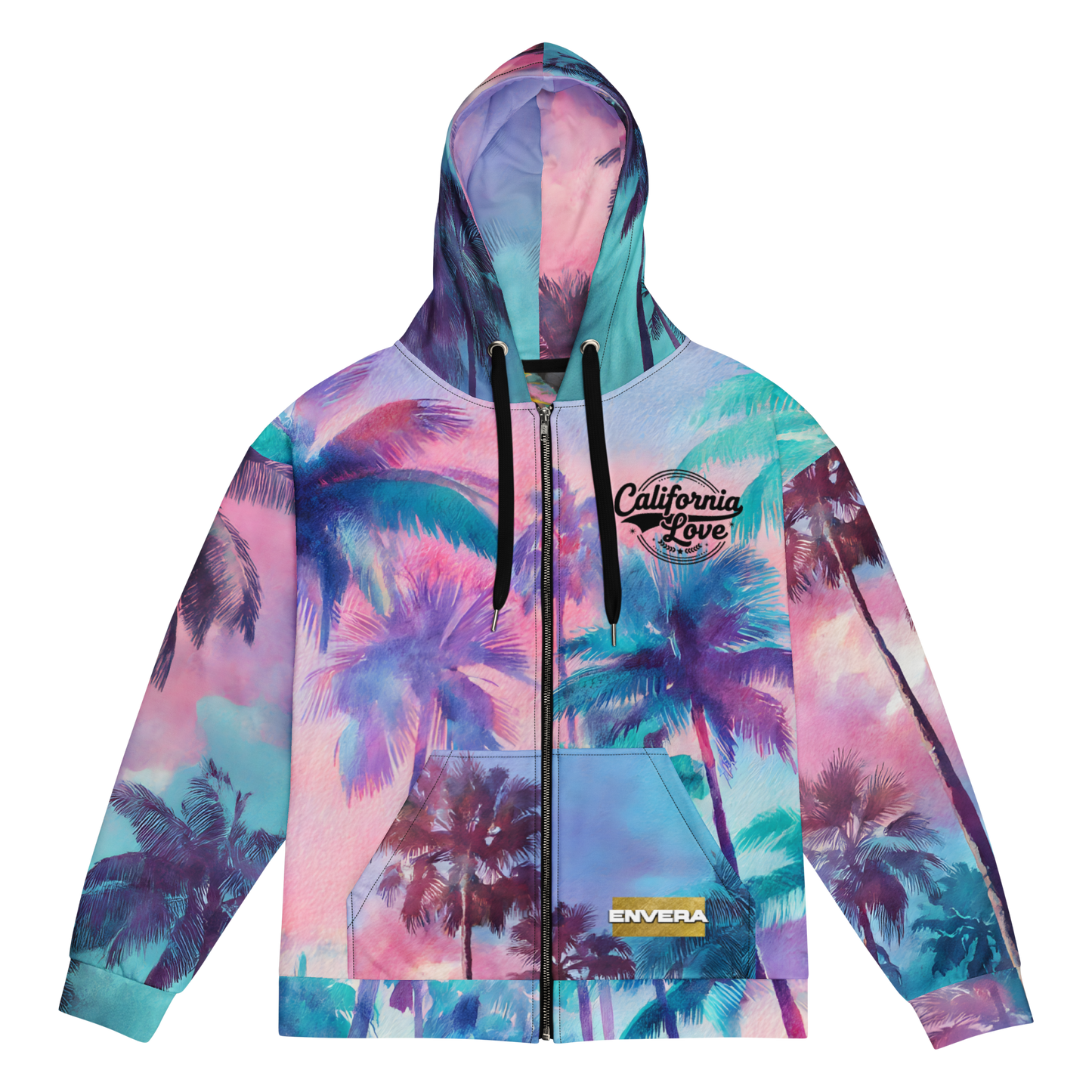 California Love Zip Hoodie | Psychedelic Palm Tree All-Over Print | Streetwear Unisex Hoodie | Vaporwave Aesthetic