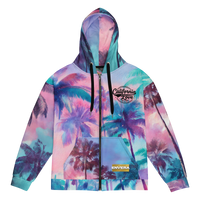 ENVERA California Love unisex zip hoodie with psychedelic tropical palm tree all-over print in pink, teal, purple, and blue