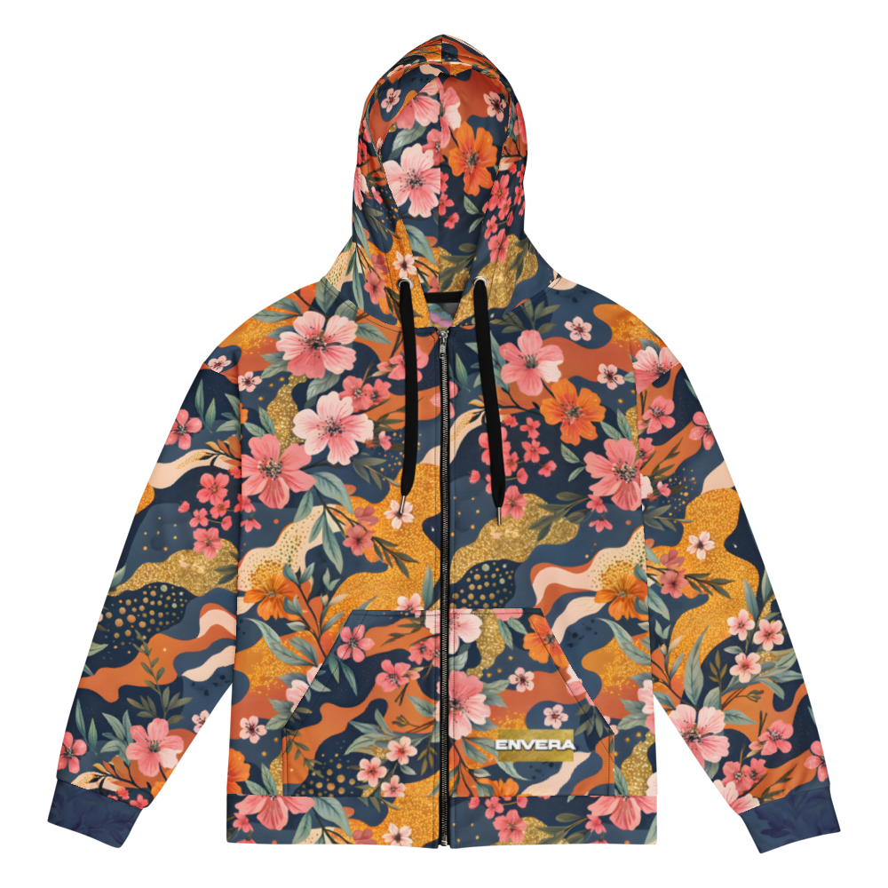 Floral camouflage unisex zip hoodie, bold streetwear hoodie, colorful camo hoodie, artistic floral pattern, standout fashion