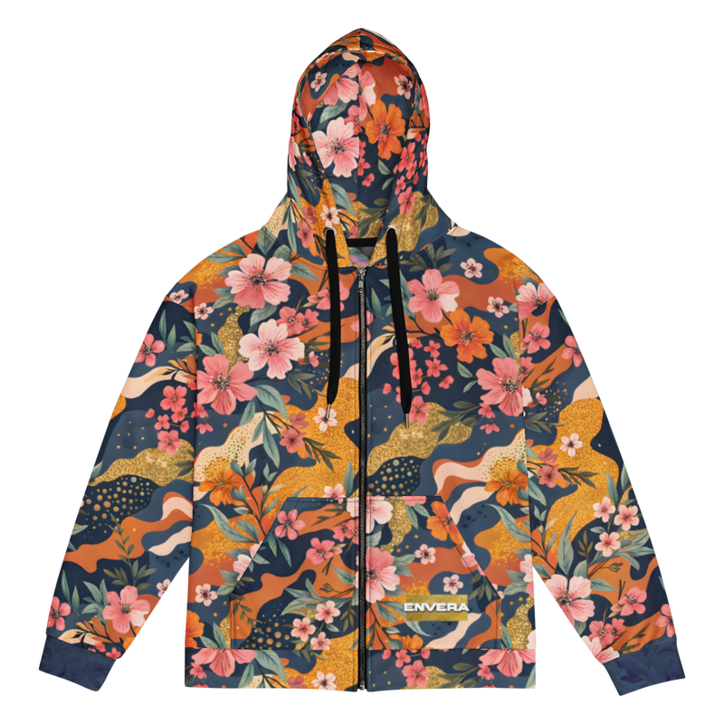 ENVERA unisex zip hoodie with artistic floral camouflage print