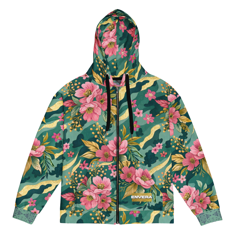 VIBRANT REBEL floral camouflage unisex zip hoodie with pink blossoms, deep green botanical camo pattern, and elegant gold accents