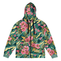 VIBRANT REBEL floral camouflage unisex zip hoodie with pink blossoms, deep green botanical camo pattern, and elegant gold accents