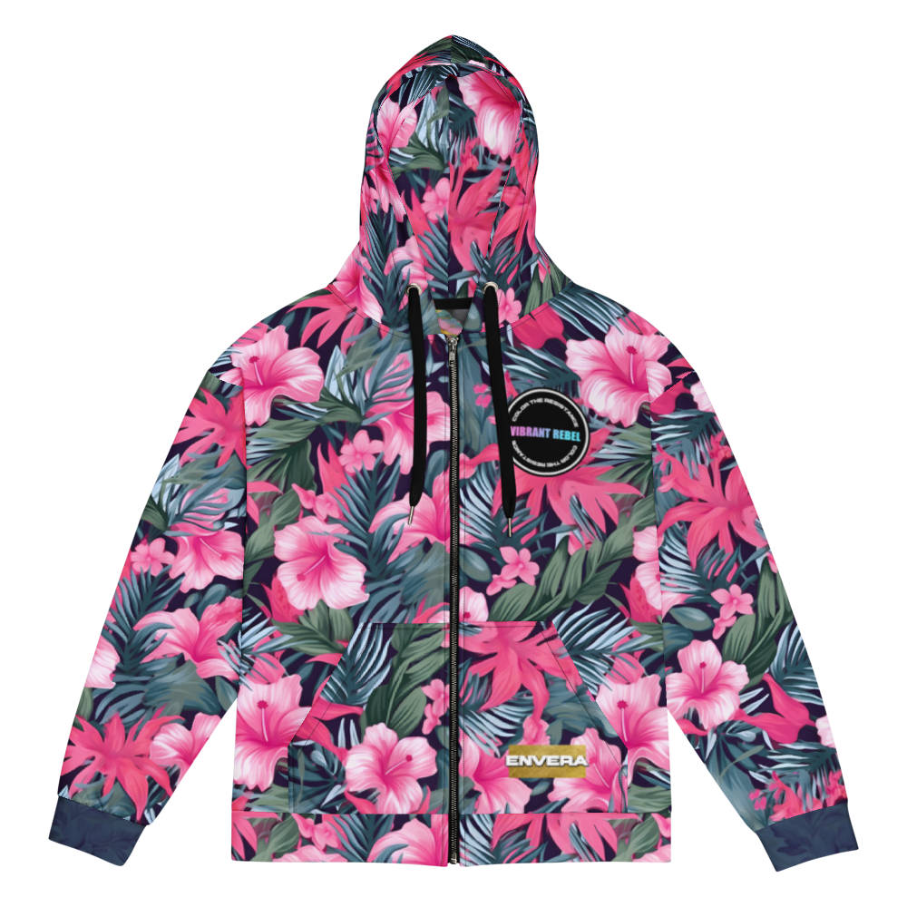 VIBRANT REBEL Tropical floral streetwear zip hoodie, vibrant all-over print, eye-catching design, standout fashion | Trendy design