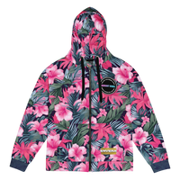 VIBRANT REBEL tropical floral zip hoodie with vibrant pink hibiscus flowers, lush green leaves, and bold botanical print