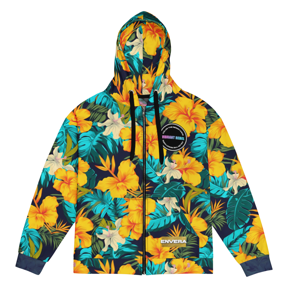 VIBRANT REBEL Tropical floral streetwear zip hoodie, vibrant all-over print, eye-catching design, standout fashion | Trendy design