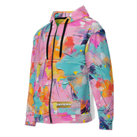 Colorful unisex zip hoodie featuring a vibrant abstract paint splatter design and bold back print