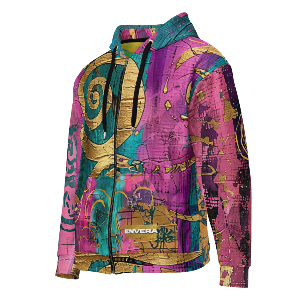Vibrant abstract unisex zip hoodie with gold accents, colorful streetwear hoodie, bold art hoodie, graphic hoodie, vivid fashion