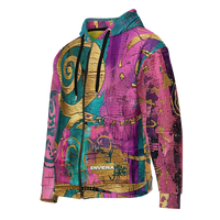 Artistic unisex full-zip hoodie with vibrant abstract pattern, ornamental swirls, and metallic gold details