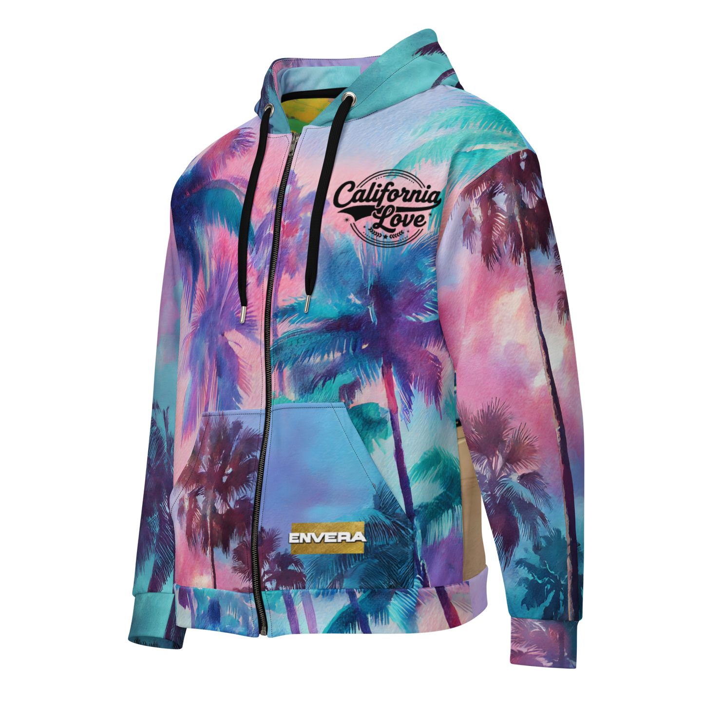 California Love Zip Hoodie | Psychedelic Palm Tree All-Over Print | Streetwear Unisex Hoodie | Vaporwave Aesthetic