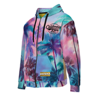 ENVERA California Love unisex zip hoodie with psychedelic tropical palm tree all-over print in pink, teal, purple, and blue