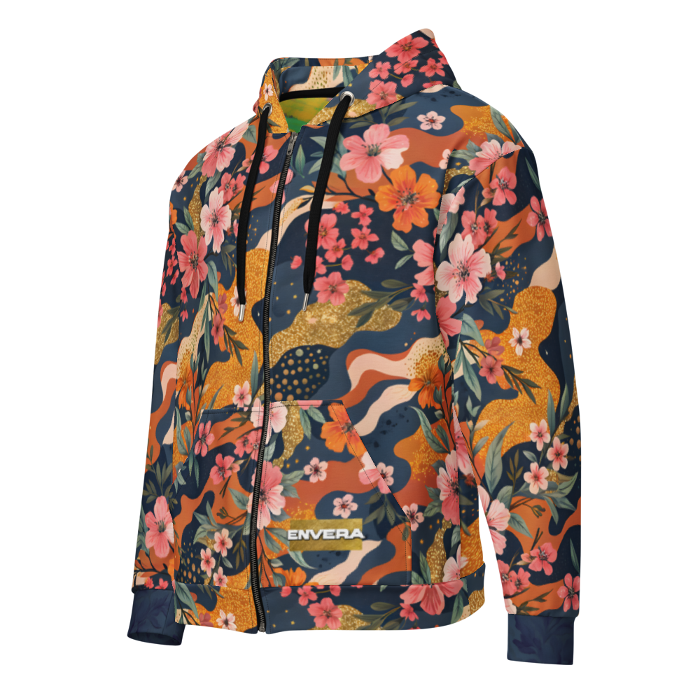Floral camouflage unisex zip hoodie, bold streetwear hoodie, colorful camo hoodie, artistic floral pattern, standout fashion