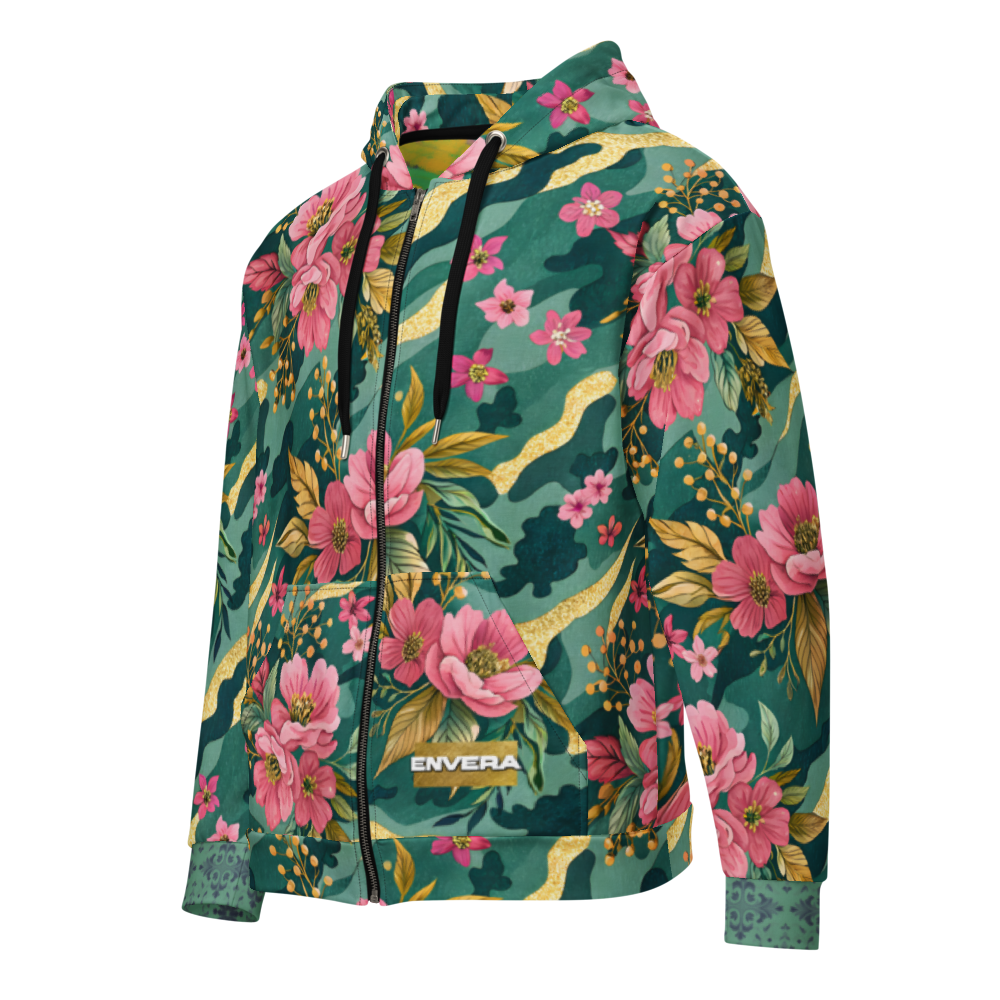 VIBRANT REBEL floral camouflage unisex zip hoodie with pink blossoms, deep green botanical camo pattern, and elegant gold accents