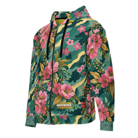 VIBRANT REBEL floral camouflage unisex zip hoodie with pink blossoms, deep green botanical camo pattern, and elegant gold accents