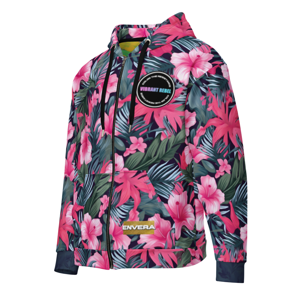 VIBRANT REBEL Tropical floral streetwear zip hoodie, vibrant all-over print, eye-catching design, standout fashion | Trendy design