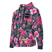 VIBRANT REBEL tropical floral zip hoodie with vibrant pink hibiscus flowers, lush green leaves, and bold botanical print