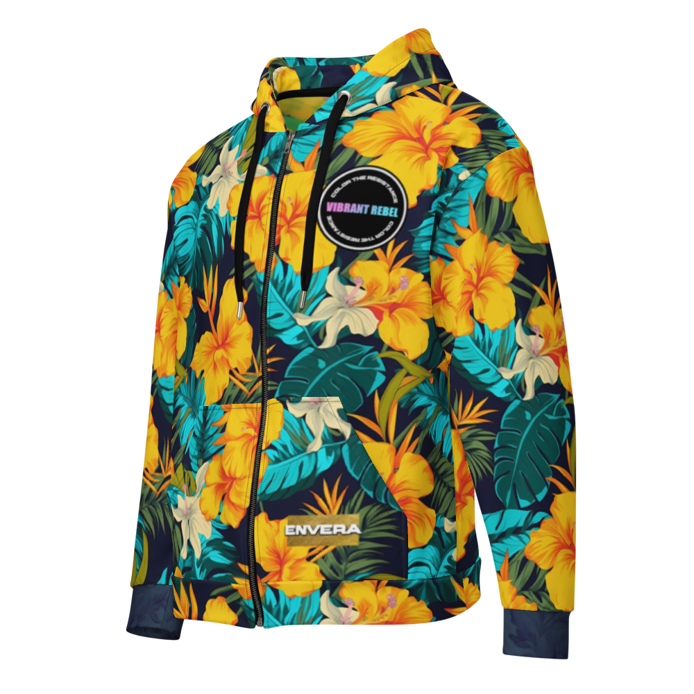 VIBRANT REBEL Tropical floral streetwear zip hoodie, vibrant all-over print, eye-catching design, standout fashion | Trendy design