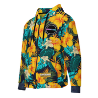 Vibrant Rebel tropical floral zip hoodie with all-over print of golden-yellow and orange hibiscus flowers and teal palm leaves