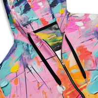 Colorful unisex zip hoodie featuring a vibrant abstract paint splatter design and bold back print