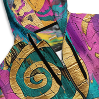 Artistic unisex full-zip hoodie with vibrant abstract pattern, ornamental swirls, and metallic gold details