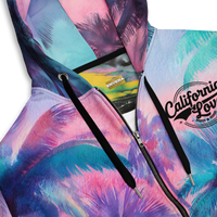 ENVERA California Love unisex zip hoodie with psychedelic tropical palm tree all-over print in pink, teal, purple, and blue