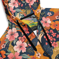 Colorful floral zip hoodie with abstract camouflage pattern and vibrant botanical graphics for men and women