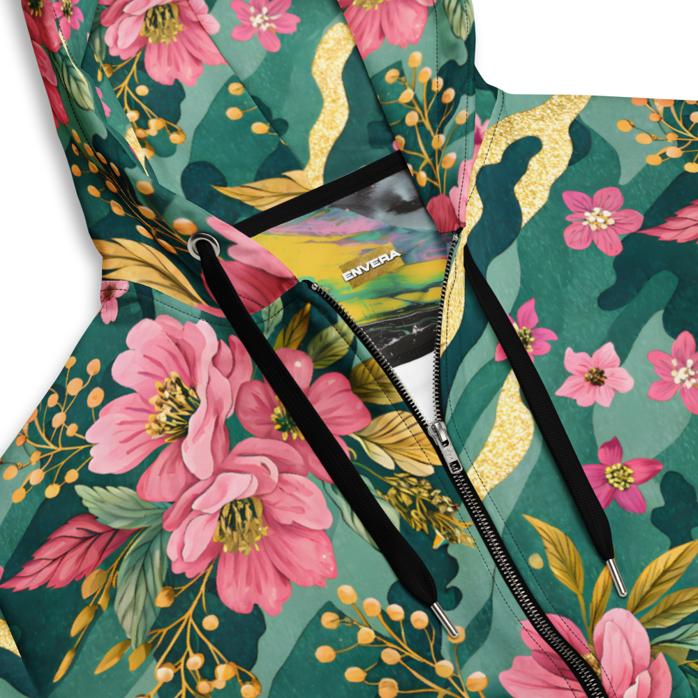 VIBRANT REBEL floral camouflage unisex zip hoodie with pink blossoms, deep green botanical camo pattern, and elegant gold accents