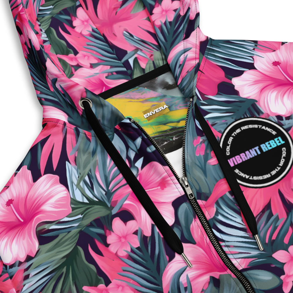VIBRANT REBEL Tropical floral streetwear zip hoodie, vibrant all-over print, eye-catching design, standout fashion | Trendy design