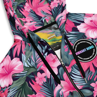 VIBRANT REBEL tropical floral zip hoodie with vibrant pink hibiscus flowers, lush green leaves, and bold botanical print