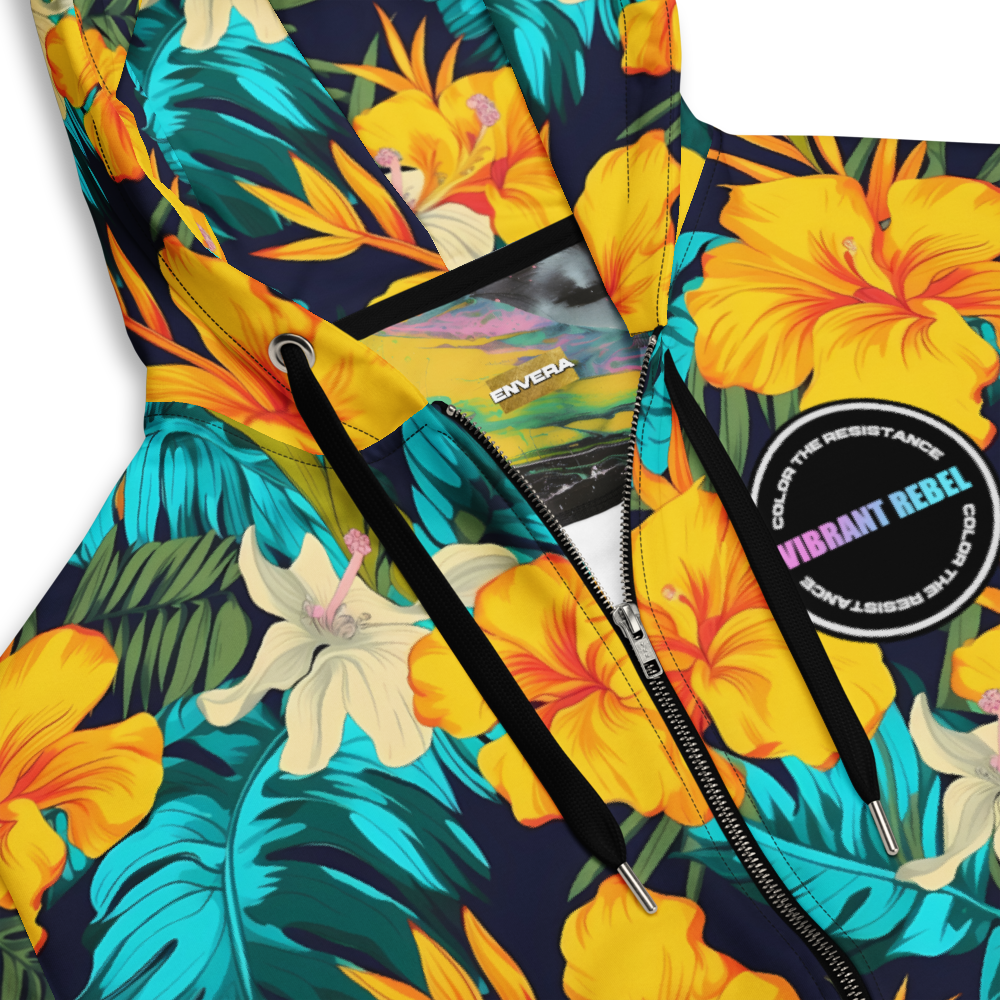 VIBRANT REBEL Tropical floral streetwear zip hoodie, vibrant all-over print, eye-catching design, standout fashion | Trendy design
