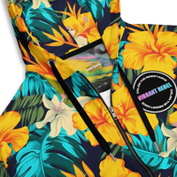 Vibrant Rebel tropical floral zip hoodie with all-over print of golden-yellow and orange hibiscus flowers and teal palm leaves