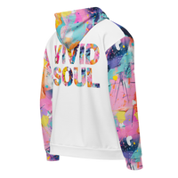 Colorful unisex zip hoodie featuring a vibrant abstract paint splatter design and bold back print
