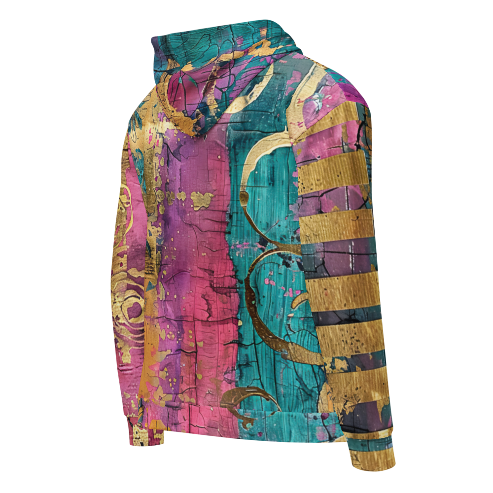 Vibrant abstract unisex zip hoodie with gold accents, colorful streetwear hoodie, bold art hoodie, graphic hoodie, vivid fashion