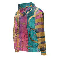 Artistic unisex full-zip hoodie with vibrant abstract pattern, ornamental swirls, and metallic gold details