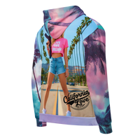 ENVERA California Love unisex zip hoodie with psychedelic tropical palm tree all-over print in pink, teal, purple, and blue