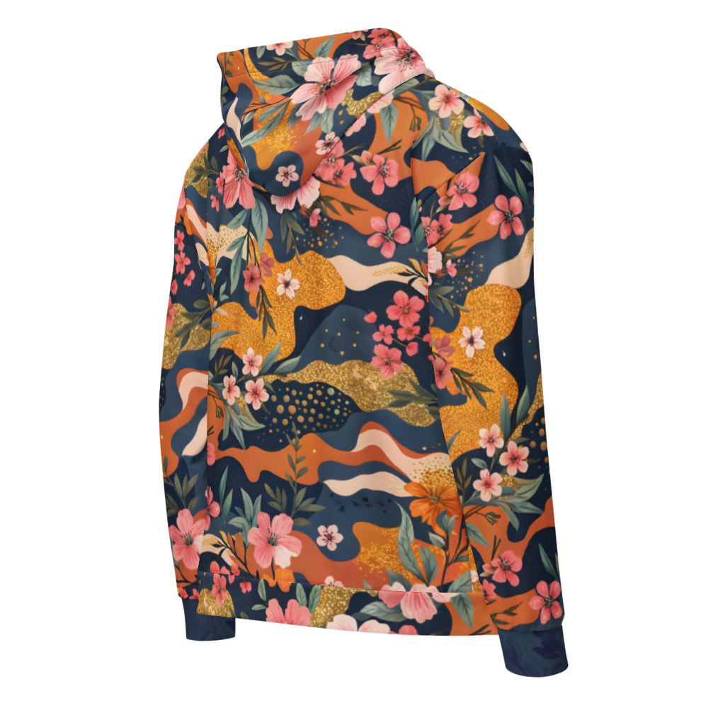 Floral camouflage unisex zip hoodie, bold streetwear hoodie, colorful camo hoodie, artistic floral pattern, standout fashion