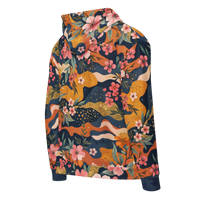Colorful floral zip hoodie with abstract camouflage pattern and vibrant botanical graphics for men and women
