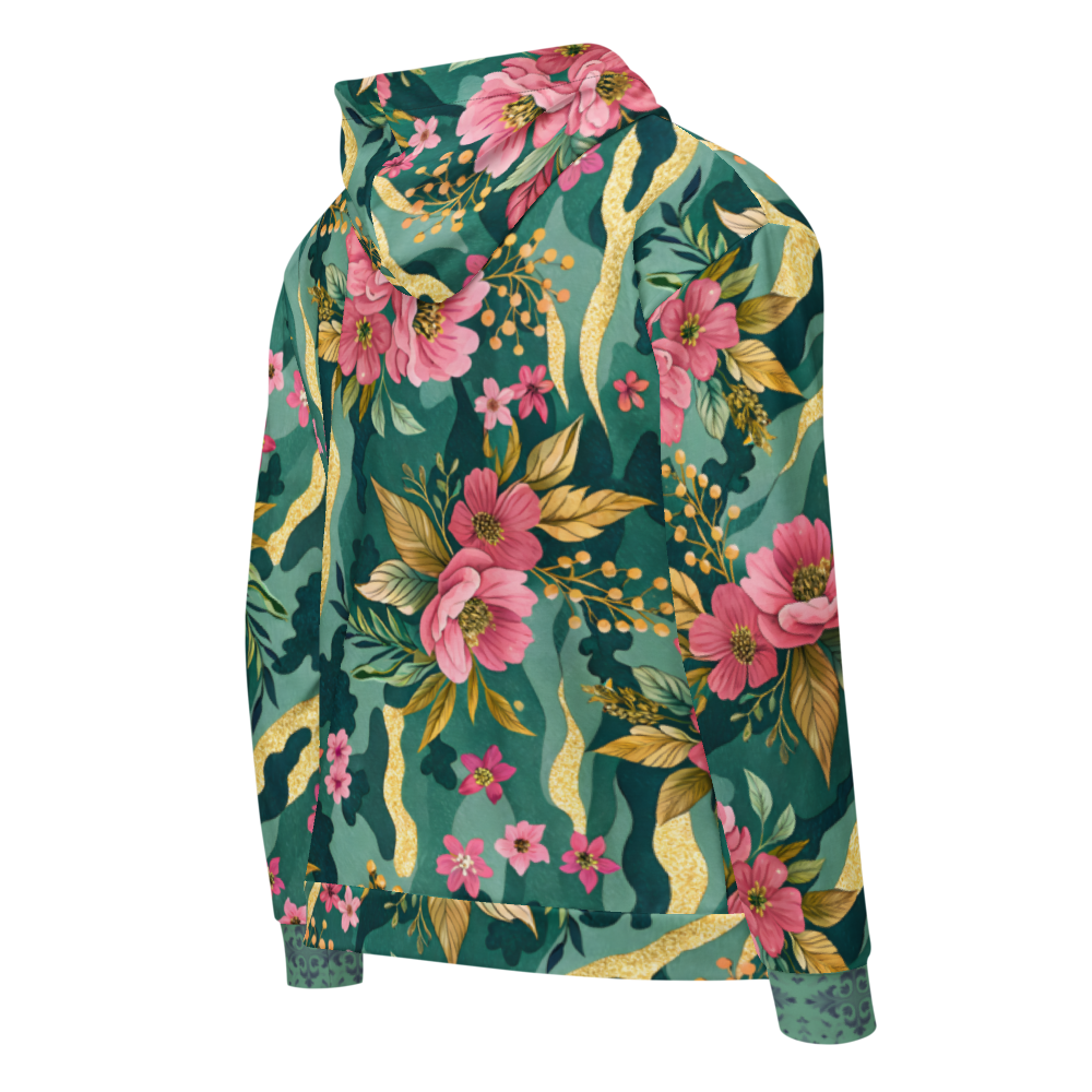 VIBRANT REBEL floral camouflage unisex zip hoodie with pink blossoms, deep green botanical camo pattern, and elegant gold accents