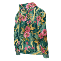 VIBRANT REBEL floral camouflage unisex zip hoodie with pink blossoms, deep green botanical camo pattern, and elegant gold accents