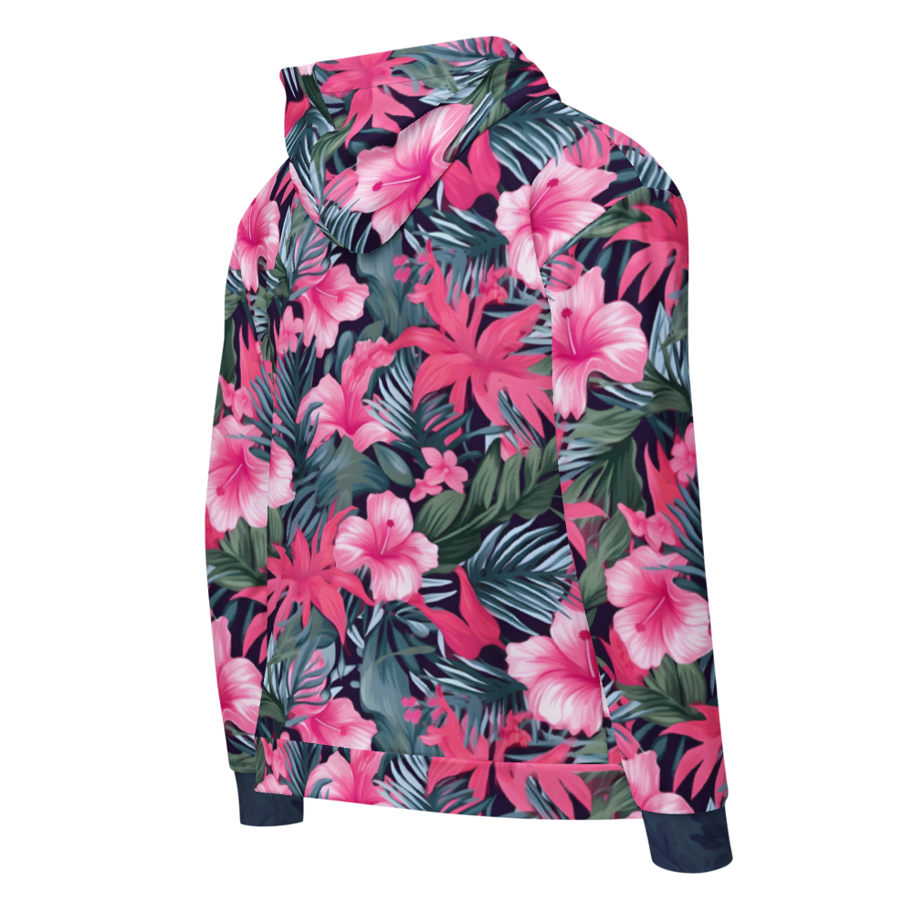 VIBRANT REBEL Tropical floral streetwear zip hoodie, vibrant all-over print, eye-catching design, standout fashion | Trendy design