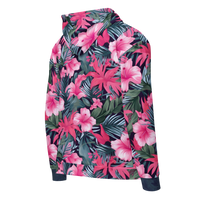VIBRANT REBEL tropical floral zip hoodie with vibrant pink hibiscus flowers, lush green leaves, and bold botanical print