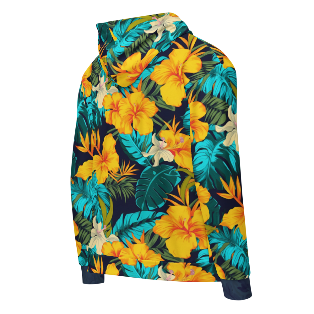 VIBRANT REBEL Tropical floral streetwear zip hoodie, vibrant all-over print, eye-catching design, standout fashion | Trendy design
