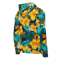 Vibrant Rebel tropical floral zip hoodie with all-over print of golden-yellow and orange hibiscus flowers and teal palm leaves