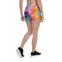 Women’s shorts with vibrant abstract paint splatter street-art print and stretch fit waistband