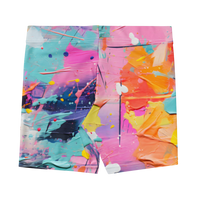 Women’s shorts with vibrant abstract paint splatter street-art print and stretch fit waistband