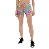 Women’s athletic shorts with vibrant retro floral psychedelic print and stretch fit waistband