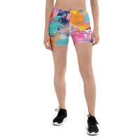 Women’s shorts with vibrant abstract paint splatter street-art print and stretch fit waistband