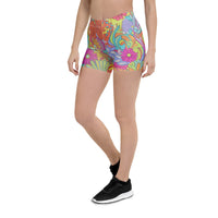 Women’s athletic shorts with vibrant retro floral psychedelic print and stretch fit waistband