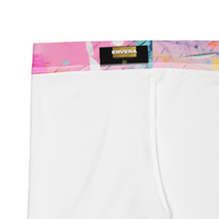 Women’s shorts with vibrant abstract paint splatter street-art print and stretch fit waistband