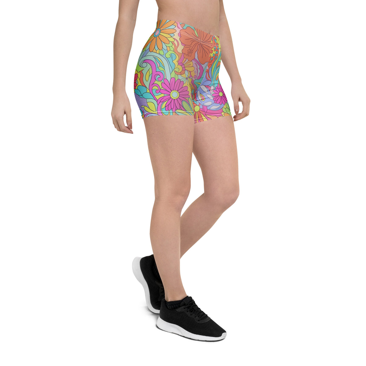 Women’s athletic shorts with vibrant retro floral psychedelic print and stretch fit waistband