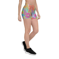 Women’s athletic shorts with vibrant retro floral psychedelic print and stretch fit waistband
